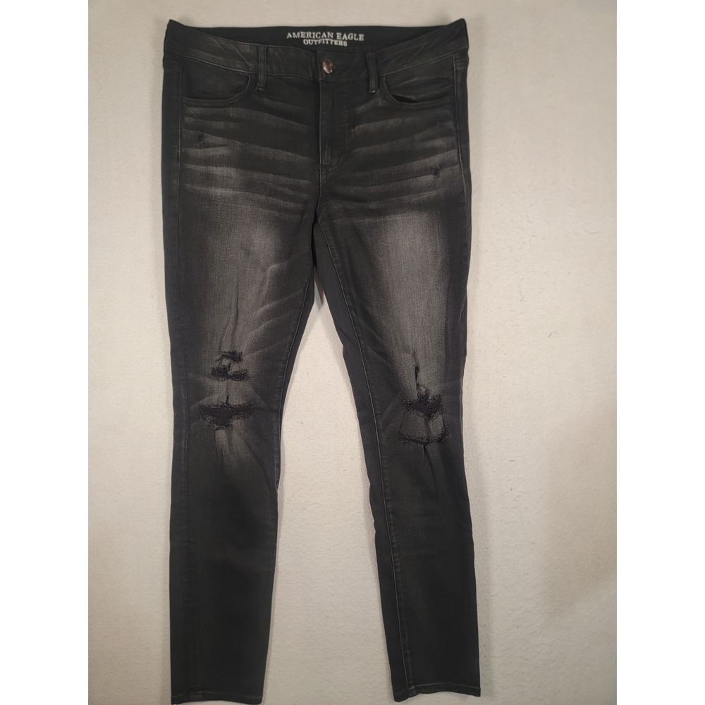 American Eagle super stretch jeans jegging fit distressed Women's 14 Long‎ Black